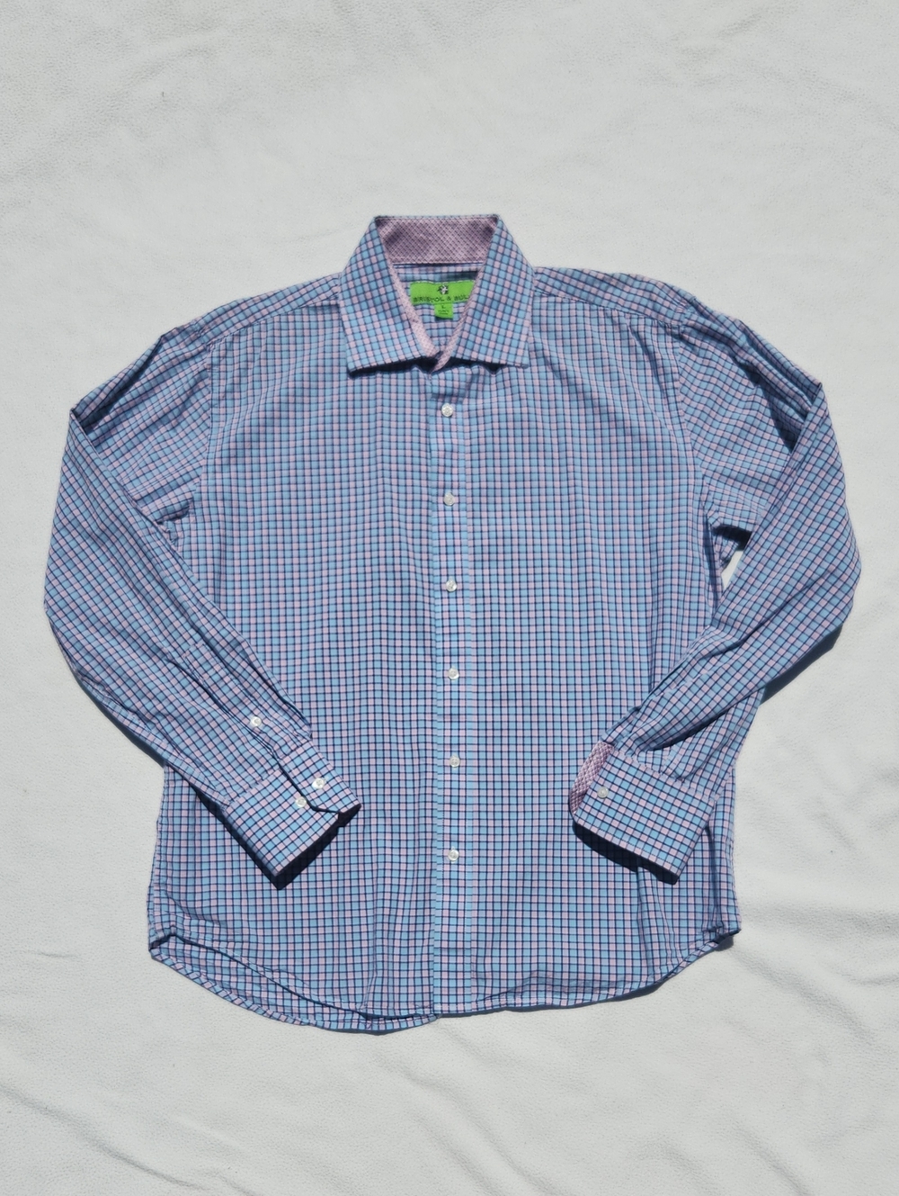 Bristol & Bull Men's Plaid Long Sleeve Button Down Shirt Large Contrast Cuffs